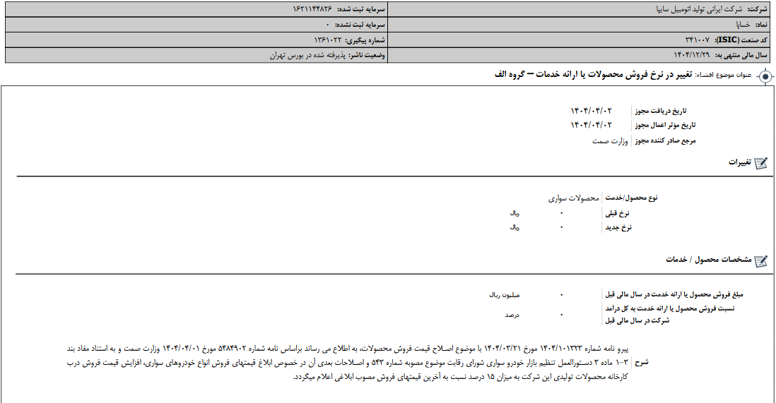 تغییر در نرخ فروش محصولات خساپا