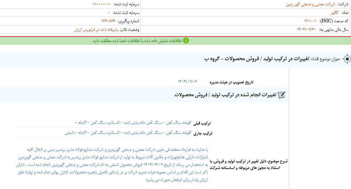 تغییرات در ترکیب تولید کگهر