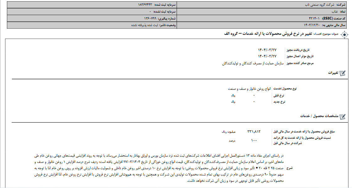 تغییر در نرخ فروش محصولات غناب