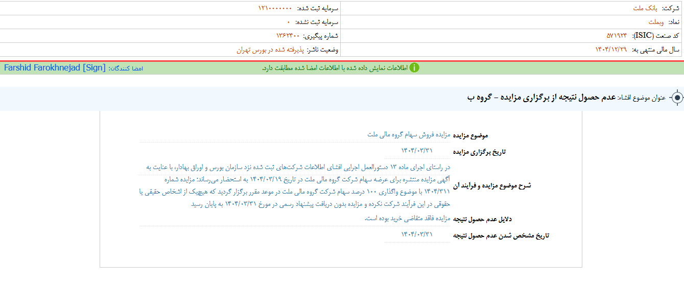 عدم حصول نتیجه از برگزاری مزایده وبملت
