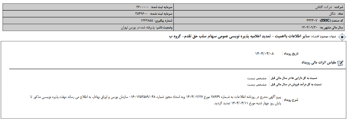 تمدید پذیره نویسی عمومی سهام حق تقدم شگل