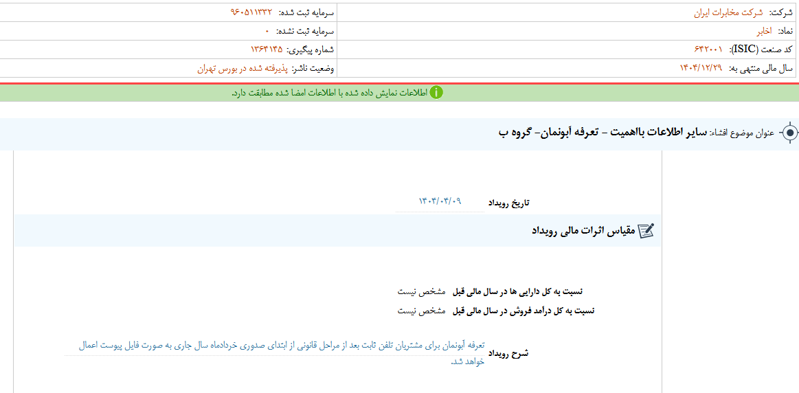 اعلام تعرفه آبونمان مشتریان اخابر