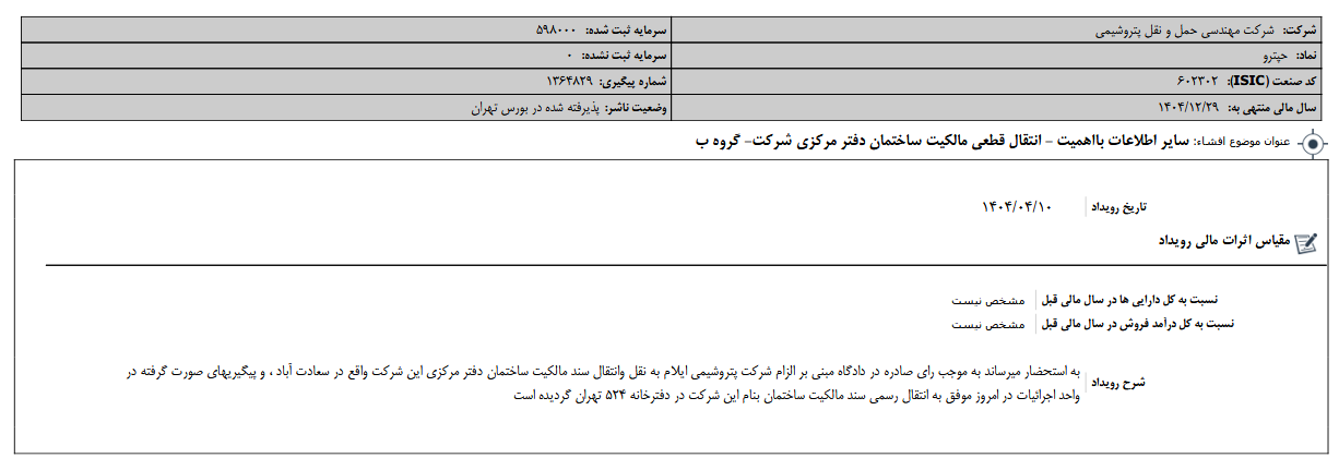 انتقال قطعی مالکیت ساختمان دفتر مرکزی حپترو