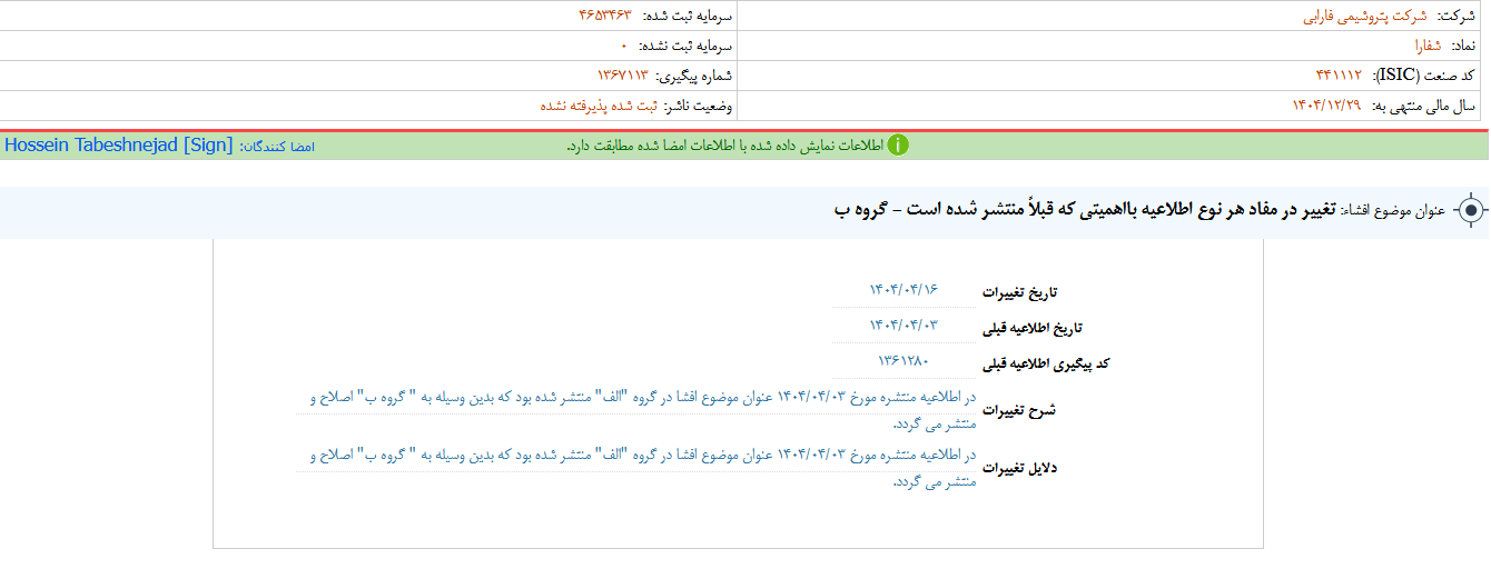 تغییر در اطلاعات شفارا