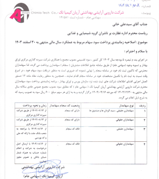 زمانبندی پرداخت سود سهام کیمیا تک اعلام شد