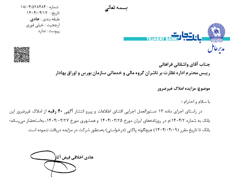 مزایده ۴۰ رقبه املاک غیرضرور وتجارت بدون متقاضی ماند