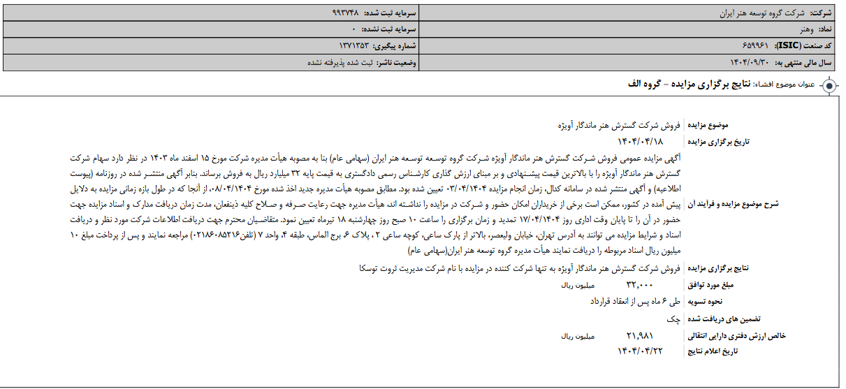 وهنر، گسترش هنر ماندگار آویژه را فروخت