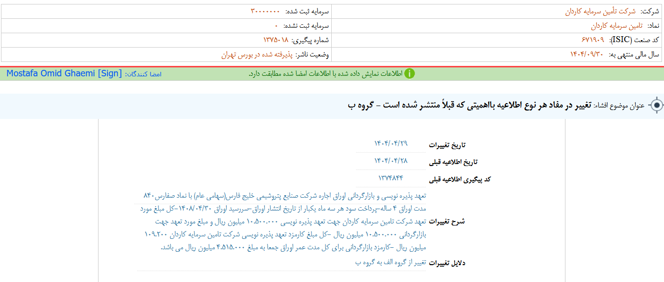 تکاردان از تعهد پذیرهنویسی اوراق اجاره خلیج فارس خبر داد