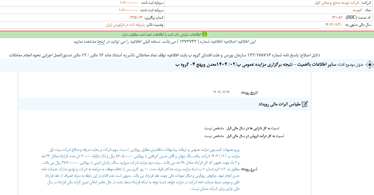 نتیجه برگزاری مزایده عمومی کتوسعه