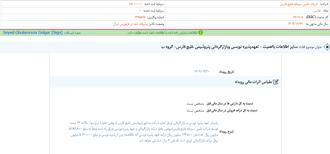 تفارس تعهدات پذیرهنویسی فارس را اعلام کرد