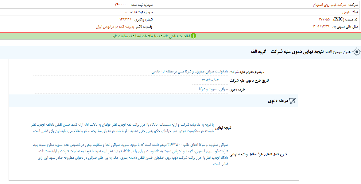 رای دادگاه به نفع فروی صادر شد