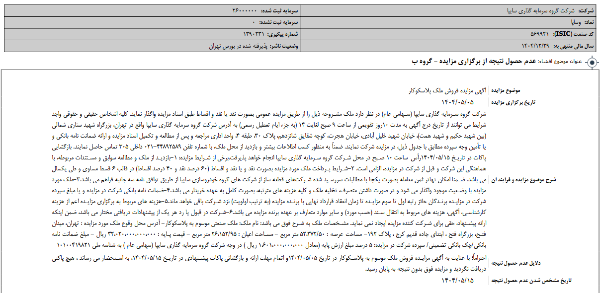 مزایده فروش ملک پلاسکوکار وساپا بدون مشتری ماند