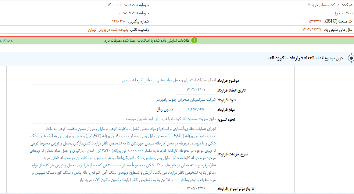 سخوز از انعقاد قرارداد استخراج و حمل مواد معدنی خبر داد