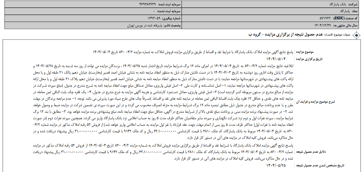 عدم حصول نتیجه از مزایده وپاسار