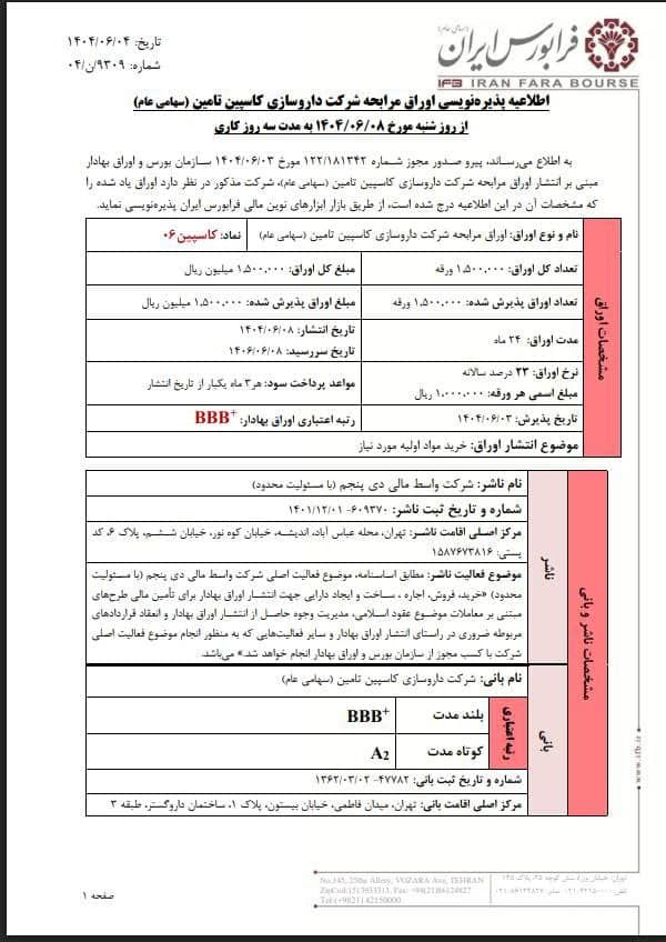 آغاز پذیره‌نویسی اوراق مرابحه کاسپین از فردا