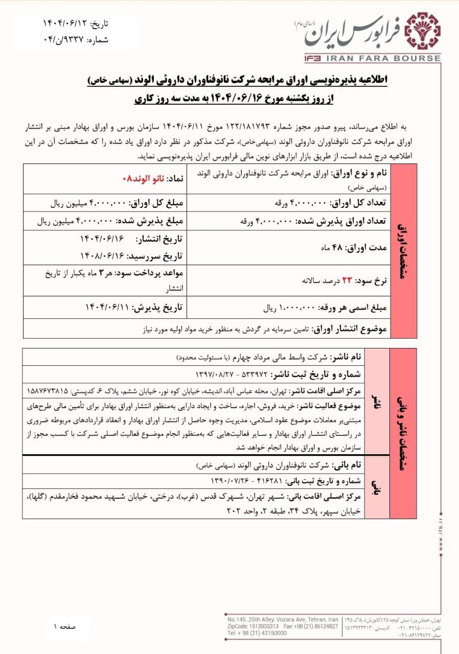 پذیره‌نویسی اوراق مرابحه نانوالوند از ۱۶ شهریورماه