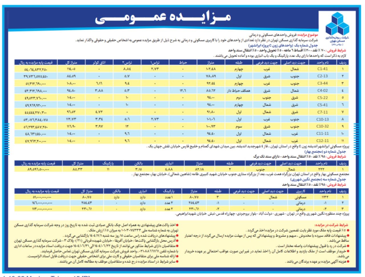 مزایده عمومی فروش واحدهای ثتران
