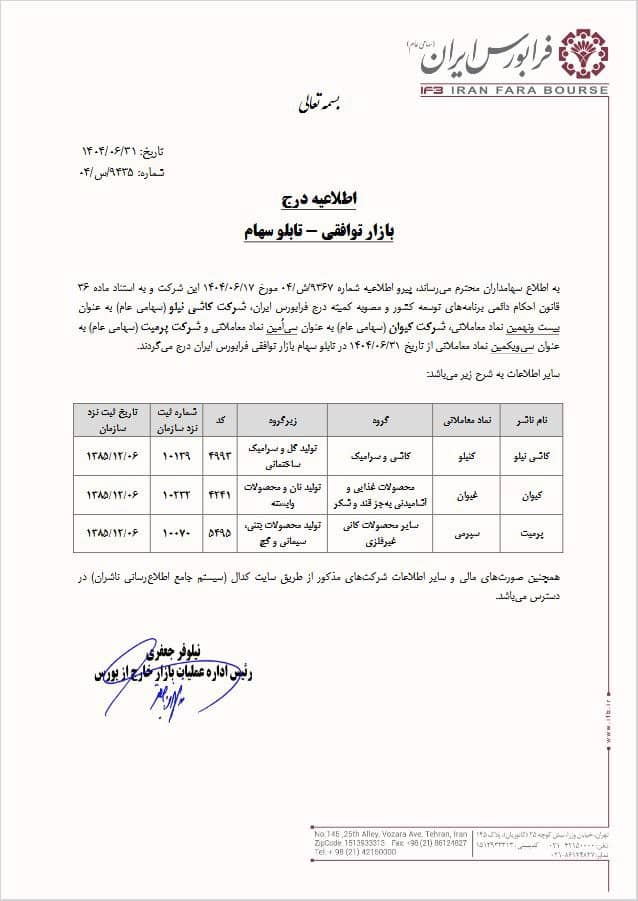 درج نمادهای کنیلو، غیوان و سپرمی در فرابورس