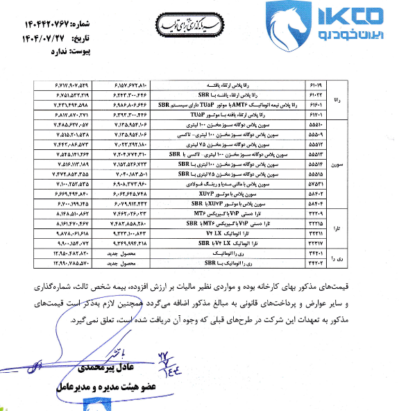 اعلام قیمتهای جدید محصولات خودرو