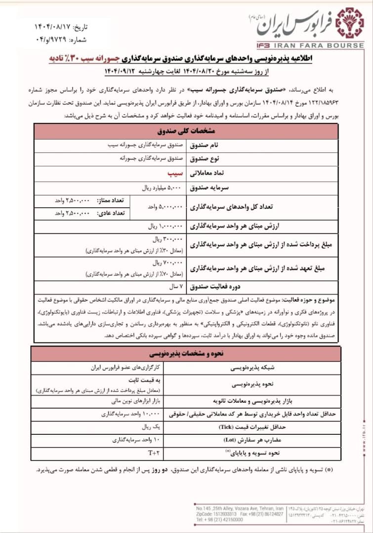 پذیره‌نویسی صندوق جسورانه سیب از 20 آبان آغاز می‌شود