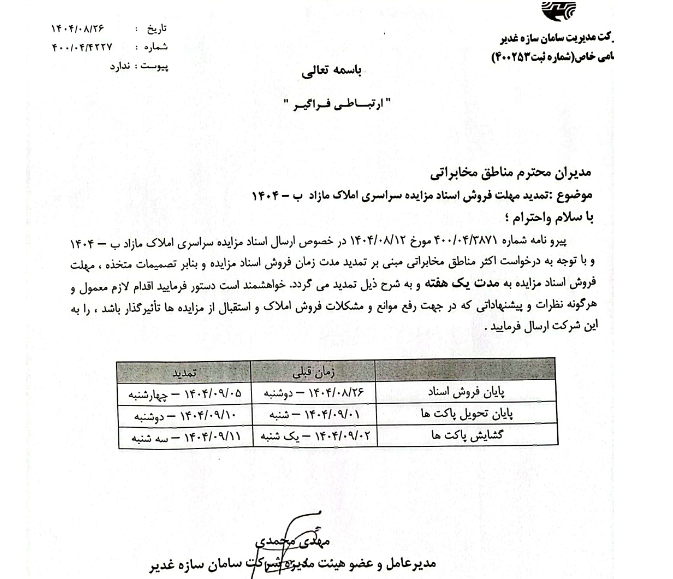 تمدید مهلت تحویل و گشایش پاکات مزایده اخابر