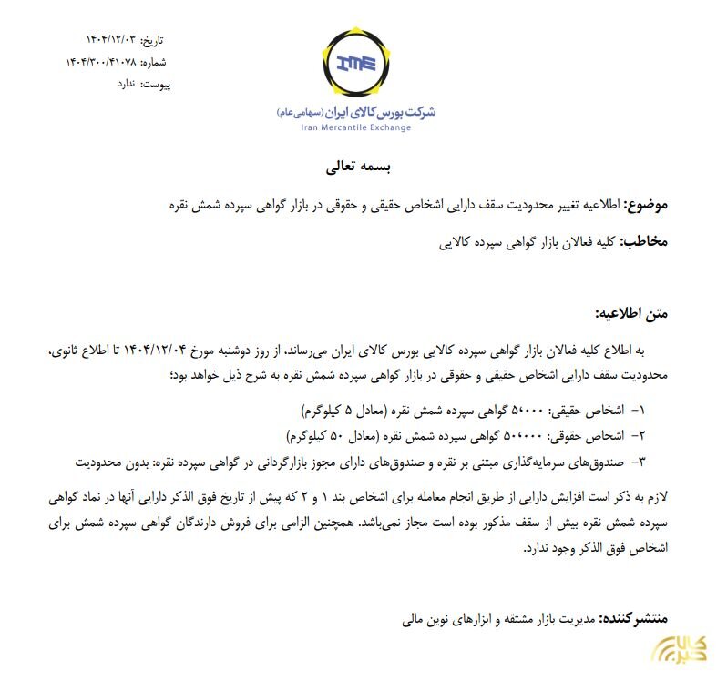 بازنگری سقف مجاز دارایی در بازار گواهی سپرده شمش نقره