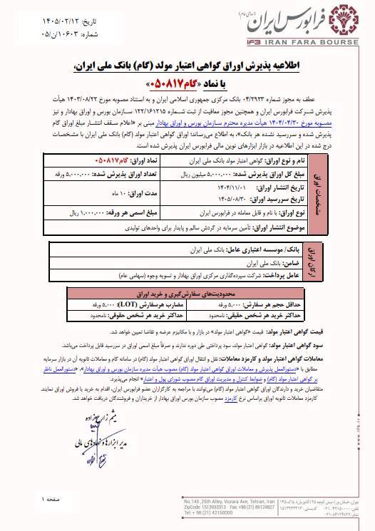 پذیرش اوراق گواهی اعتبار مولد بانک ملی ایران با نماد گام۰۵۰۸۱۷