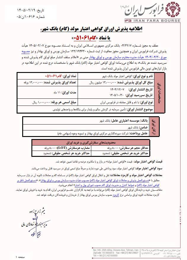 پذیرش اوراق گواهی اعتبار مولد گام۰۵۱۰۶۱ در بازار سرمایه