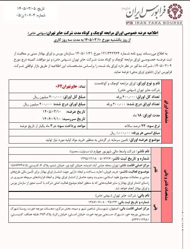 تأمین مالی ۴۰۰ میلیاردی حایر تهران در فرابورس