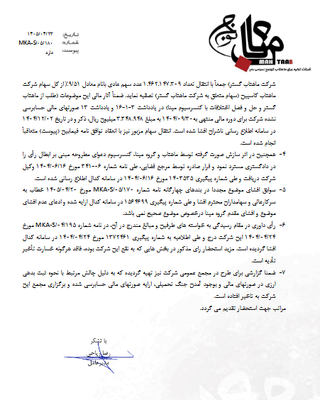 بکهنوج از تسویه بدهی با انتقال ۹.۵۱ درصد سهام ماهتاب کاسپین خبر داد